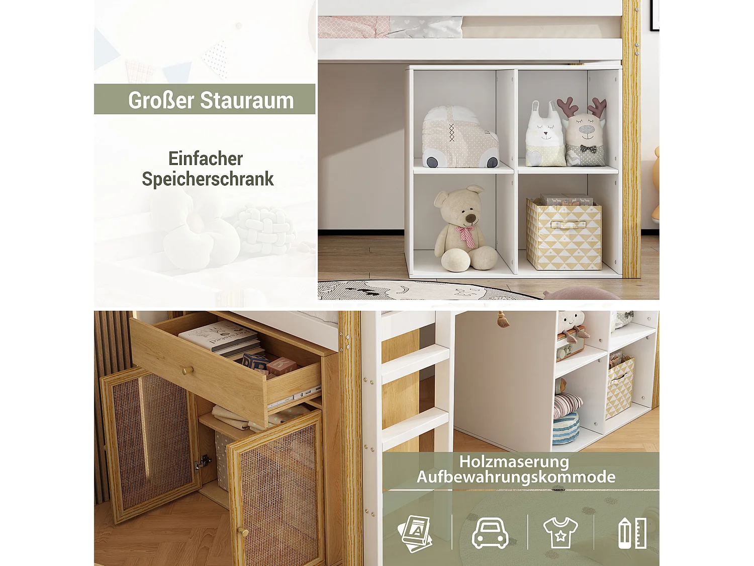 Cama mezanino infantil 90 x 200 cm - 2 armários de armazenamento e escada - madeira maciça + MDF - natural + branco