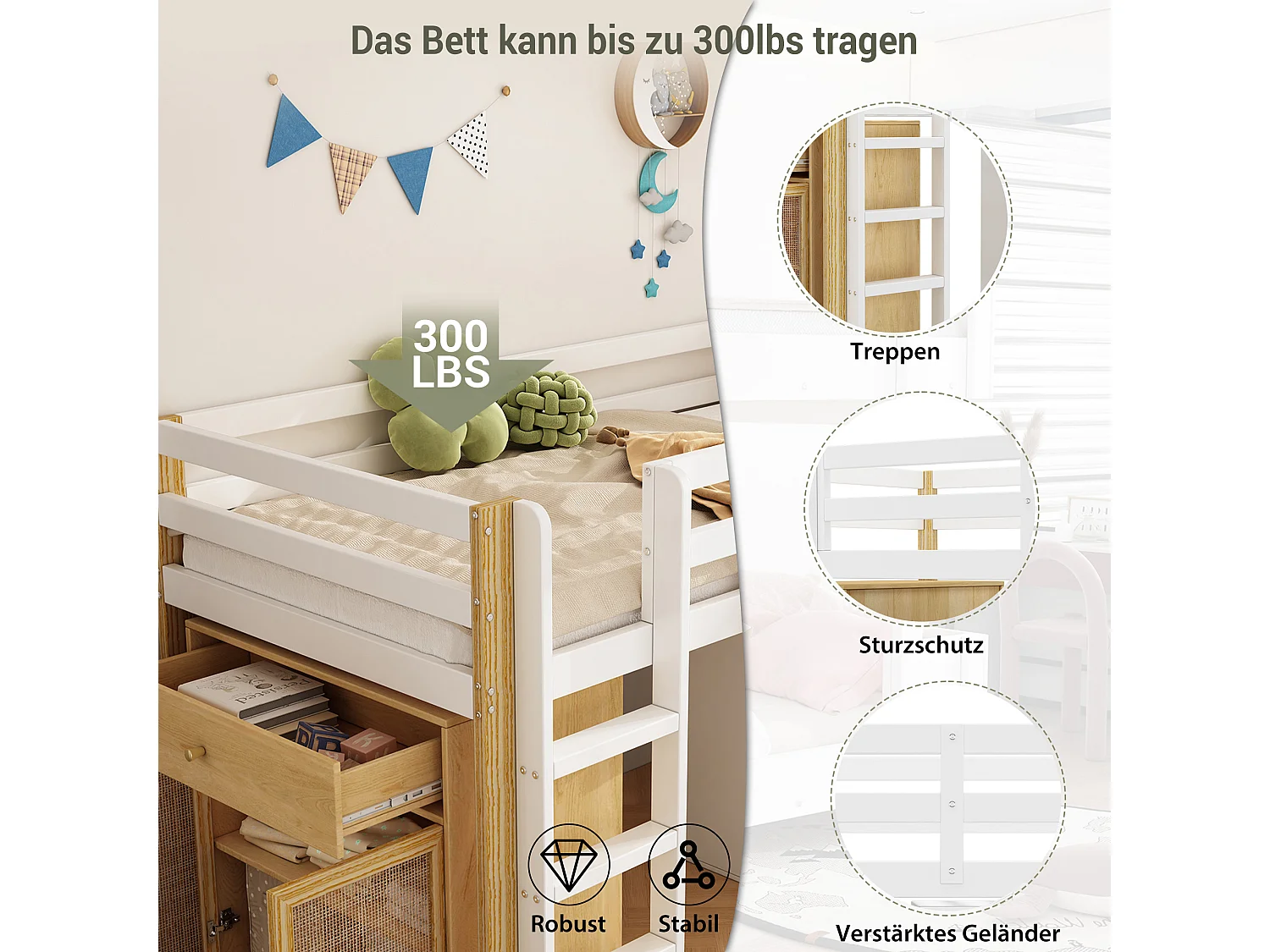Cama mezanino infantil 90 x 200 cm - 2 armários de armazenamento e escada - madeira maciça + MDF - natural + branco