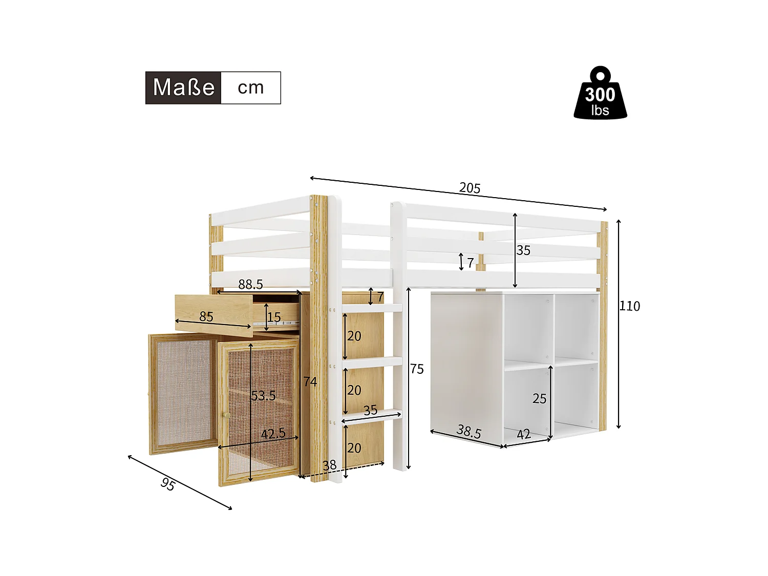 Lit mezzanine 90 x 200 cm pour enfant - 2 placards de rangement et échelle - bois massif + MDF - naturel + blanc