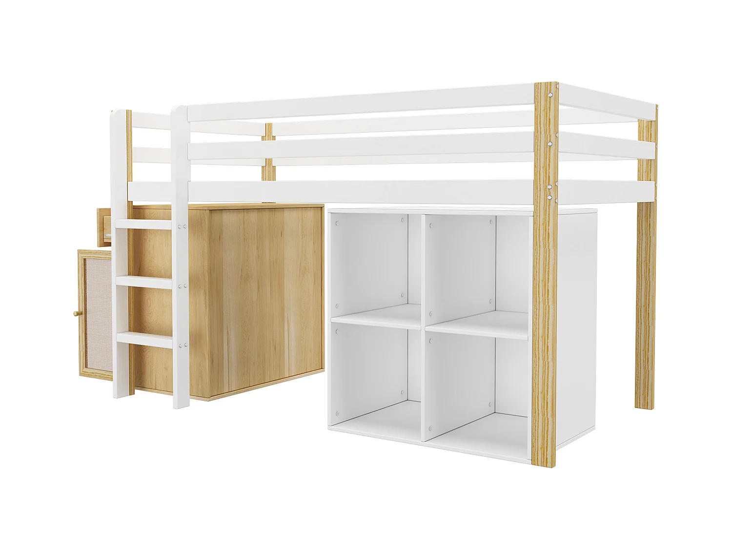 Lit mezzanine 90 x 200 cm pour enfant - 2 placards de rangement et échelle - bois massif + MDF - naturel + blanc