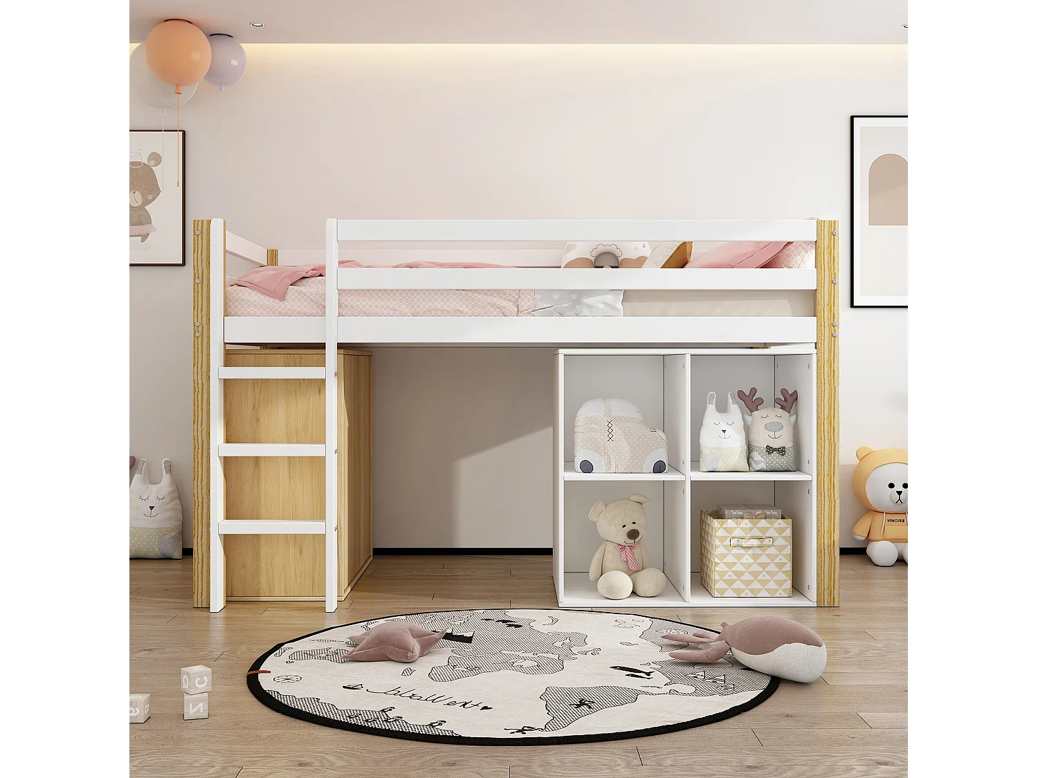 Lit mezzanine 90 x 200 cm pour enfant - 2 placards de rangement et échelle - bois massif + MDF - naturel + blanc