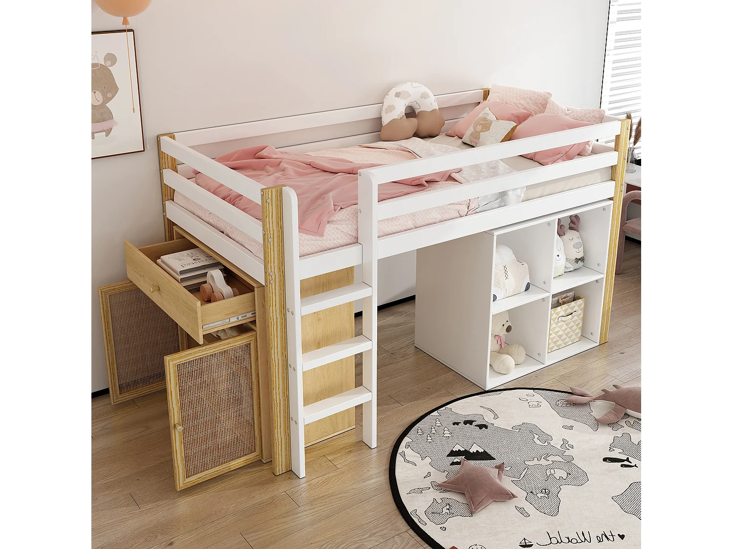 Lit mezzanine 90 x 200 cm pour enfant - 2 placards de rangement et échelle - bois massif + MDF - naturel + blanc