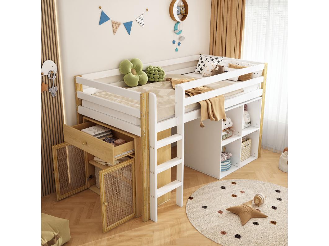 Kinderbed 90 x 200 cm mezzanine - 2 opbergkasten en ladder - massief hout + MDF - naturel + wit