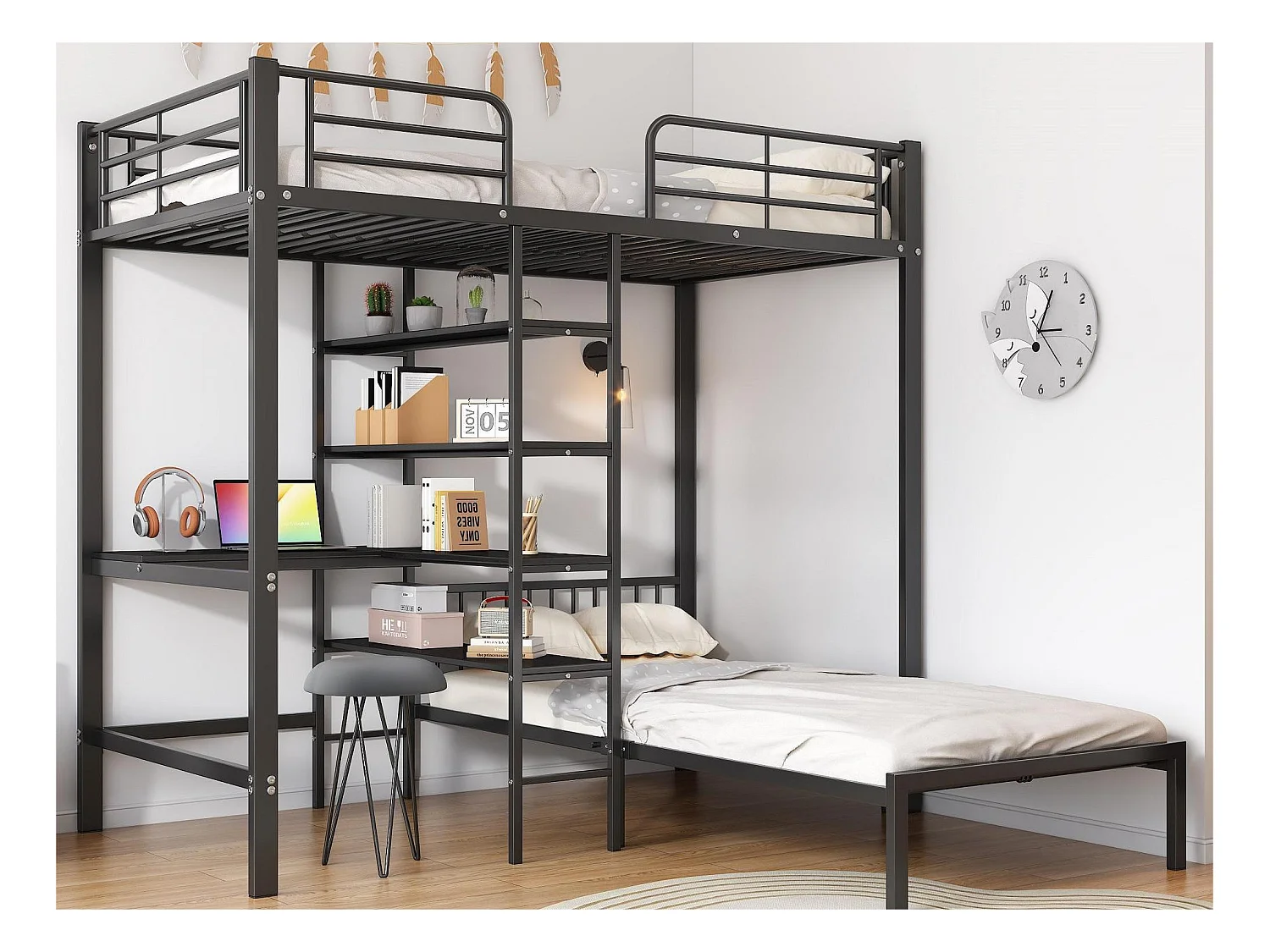 Lit mezzanine 2 x 90 x 200 cm - bureau et étagères de rangement - métal et bois MDF - noir