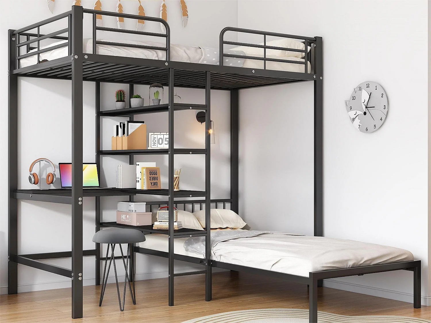 Hoogslaper 2 x 90 x 200 cm - bureau en opbergplanken - metaal en MDF hout - zwart