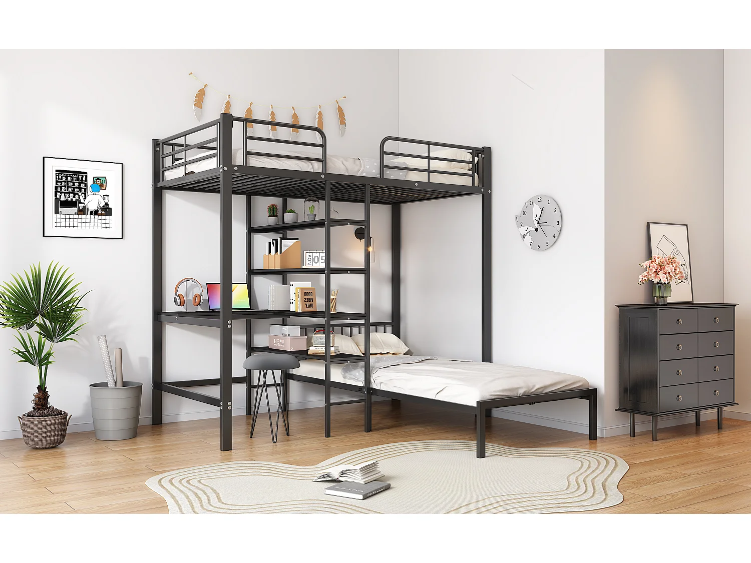 Hoogslaper 2 x 90 x 200 cm - bureau en opbergplanken - metaal en MDF hout - zwart