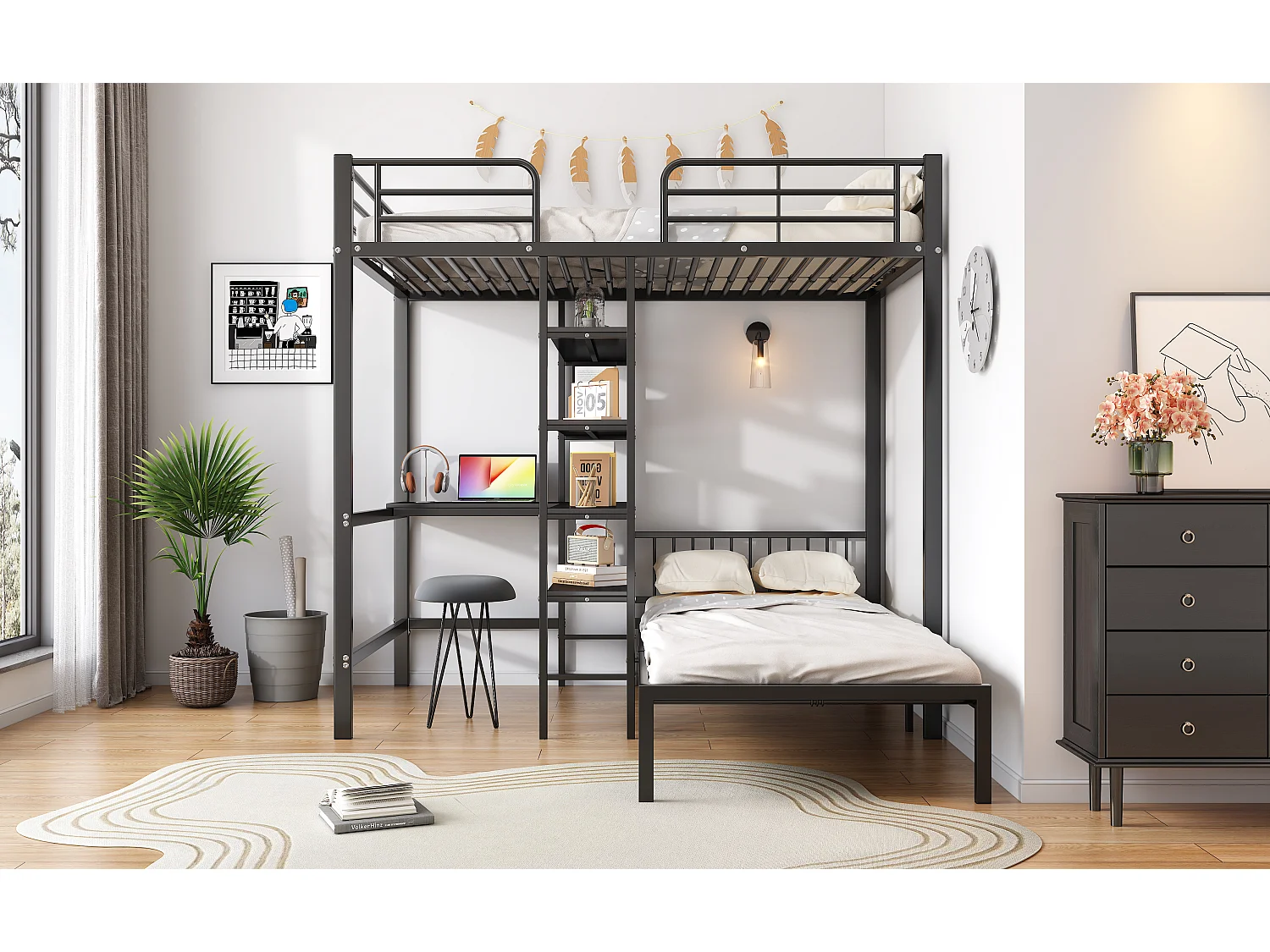 Hoogslaper 2 x 90 x 200 cm - bureau en opbergplanken - metaal en MDF hout - zwart