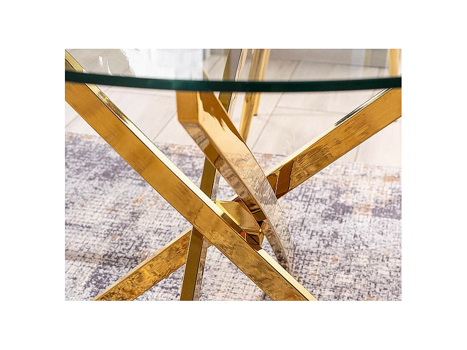 Table à manger ronde en verre trempé et 4 pieds en métal doré - D 90 x H 75 cm