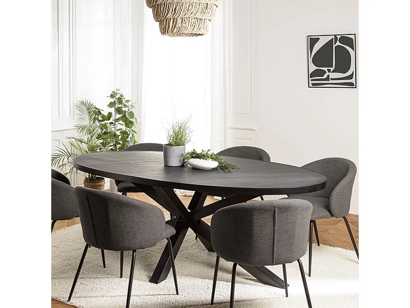 BASILE - Table à manger 220x110cm plateau noir effet pierre