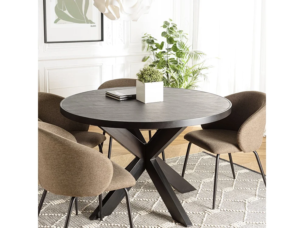 BASILE - Table à manger 120x120cm plateau noir effet pierre