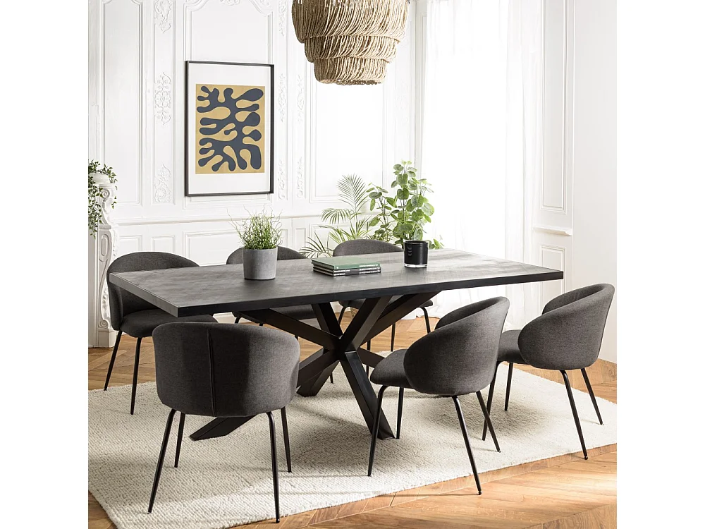 BASILE - Table à manger 220x100cm plateau noir effet pierre