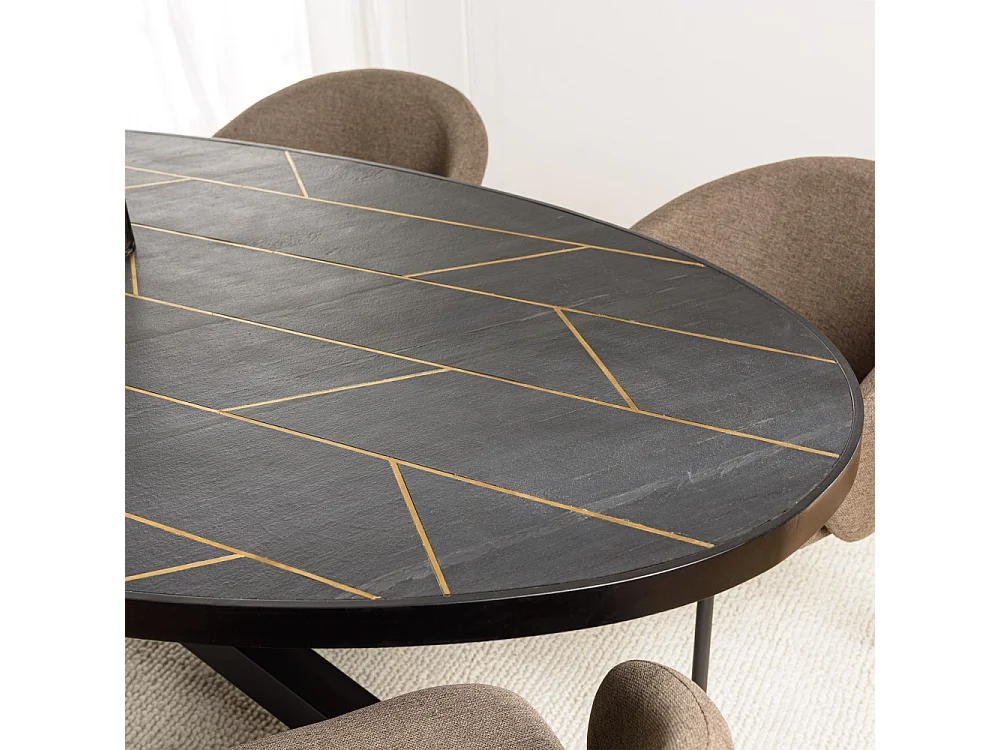 BASILE - Table à manger 220x110cm effet pierre motifs dorés