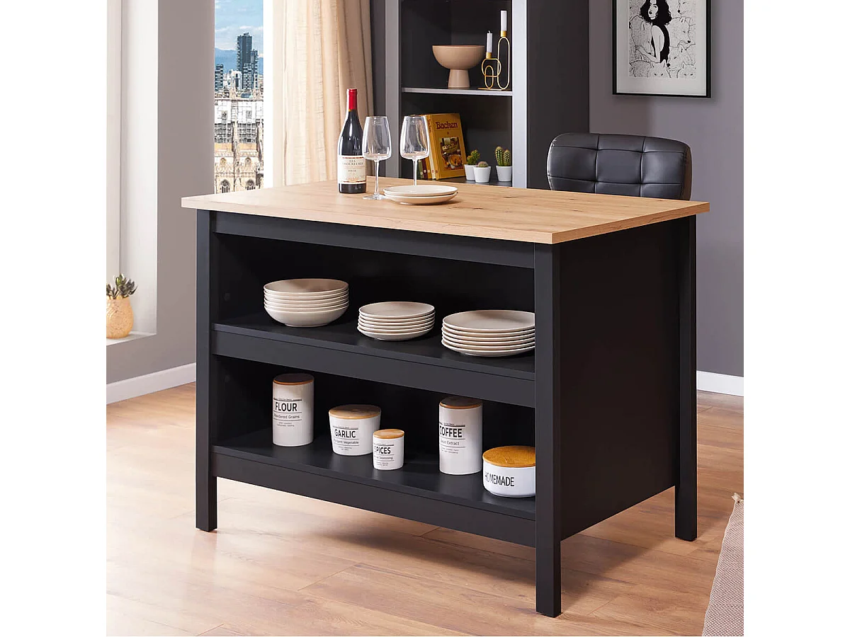 KENNY - Ilot de Cuisine Noir et Plateau Effet Bois