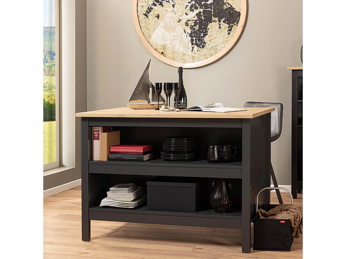 KENNY - Ilot de Cuisine Noir et Plateau Effet Bois