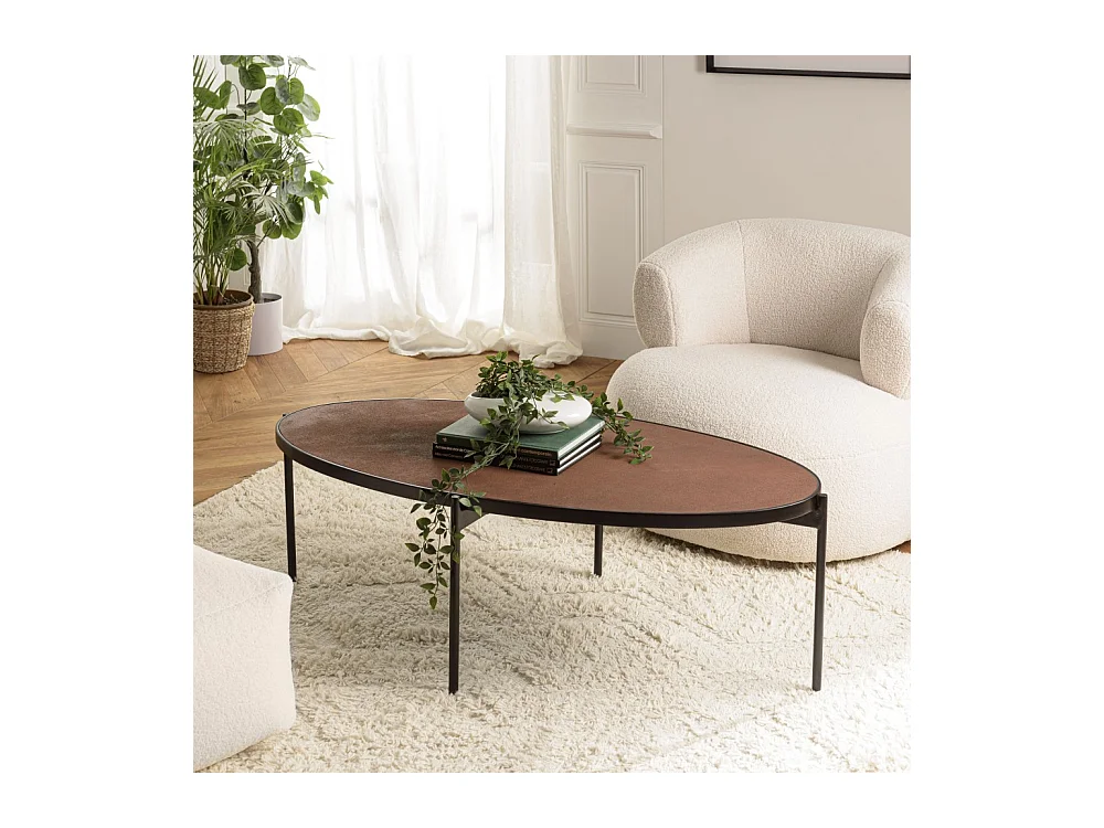 BASILE - Table basse ovale 131x65cm effet pierre couleur marron