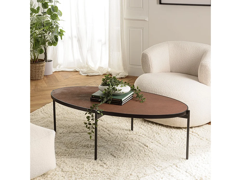 BASILE - Table basse ovale 131x65cm effet pierre couleur marron