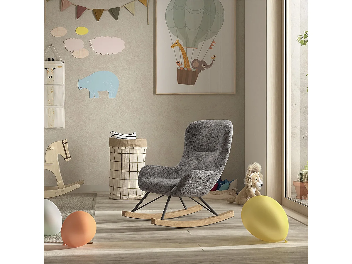 MOUTY - Chaise à Bascule Enfant en Tissu Bouclette Gris Pieds Bois et Métal