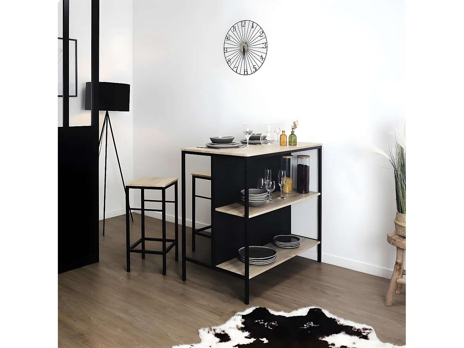 MAXIMO - Table Ilot avec Tabourets en MDF et Pieds Métal Noir