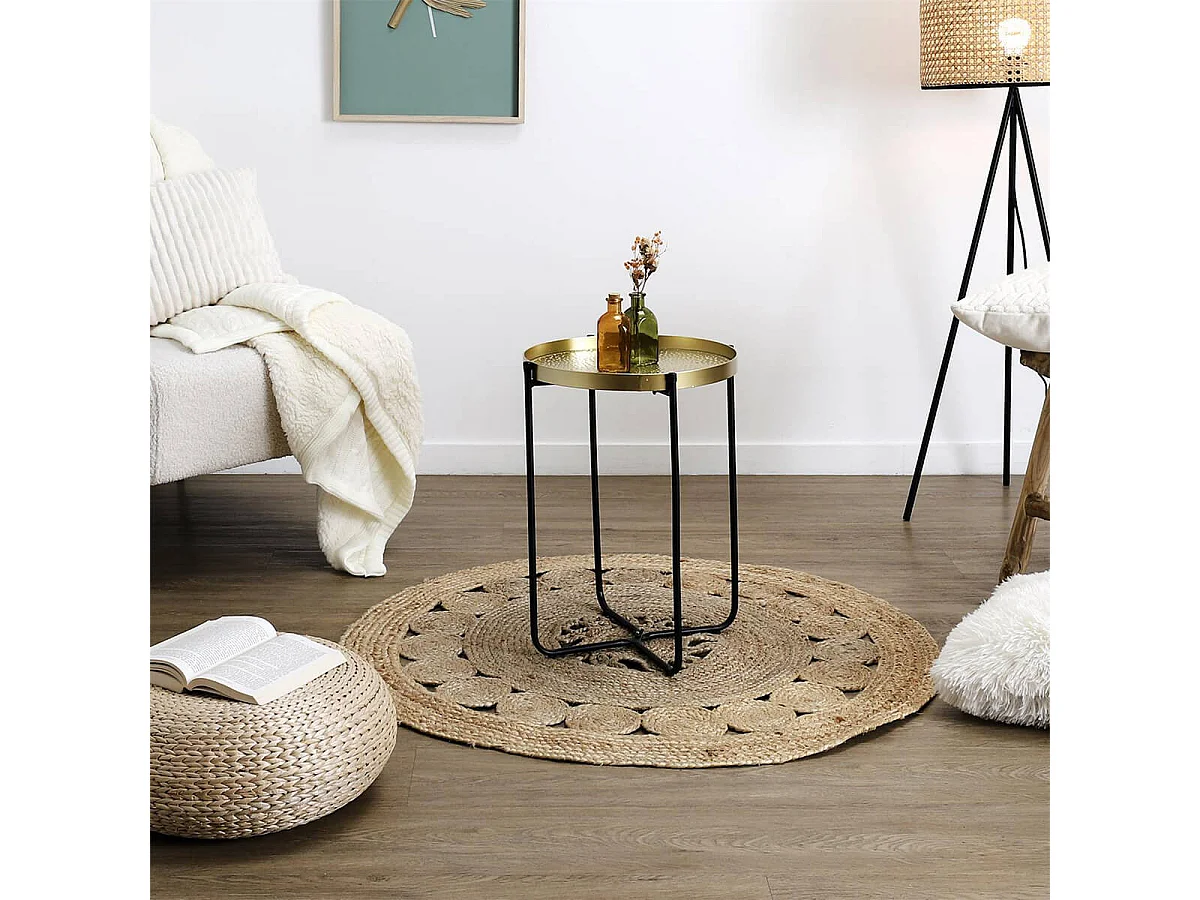 SYMBA - Table d'Appoint D35cm Plateau en Métal Doré Martelé Pieds en Métal Noir