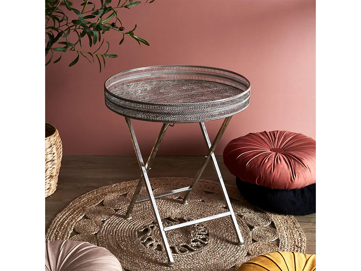 SAMARA - Table d'Appoint Décorative D48cm en Métal Argenté Pied Pliable