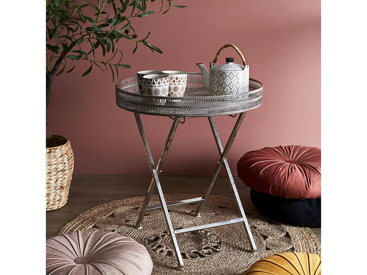 SAMARA - Table d'Appoint Décorative D48cm en Métal Argenté Pied Pliable