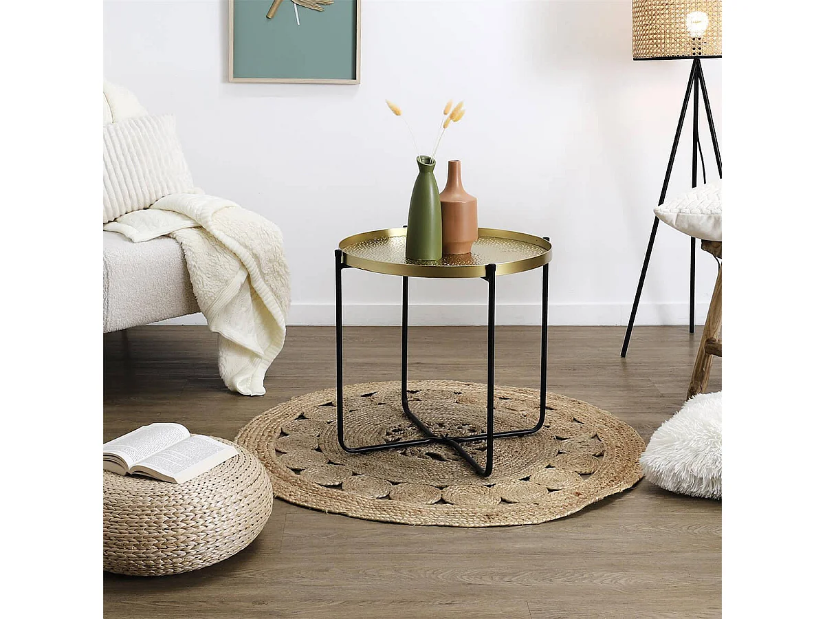 SYMBA - Table d'Appoint D50cm Plateau en Métal Doré Martelé Pieds en Métal Noir