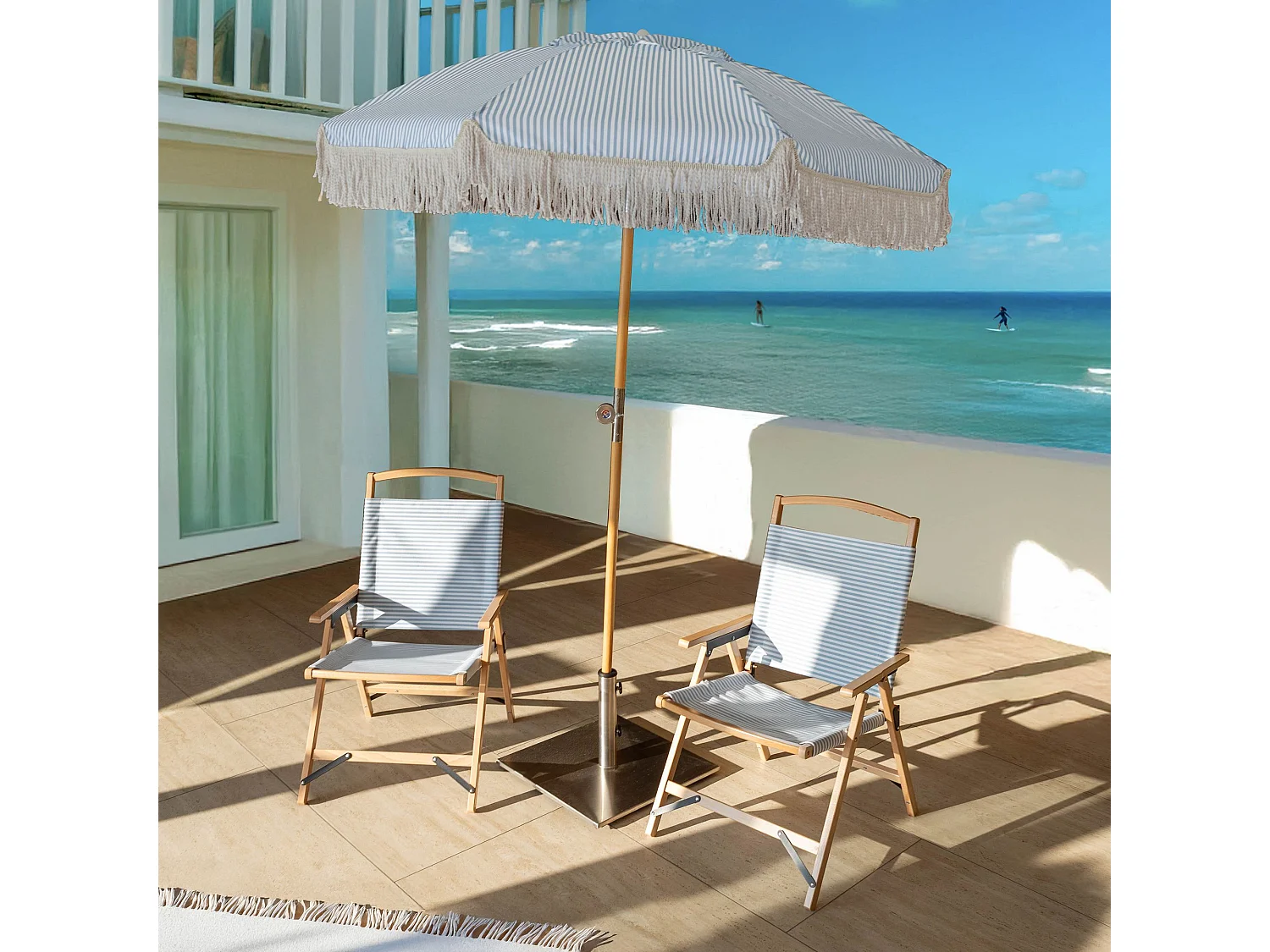 Now's Home - Chaise De Plage Bois De Hetre Naturel/polyester Bleu  55x65x90cm Playa