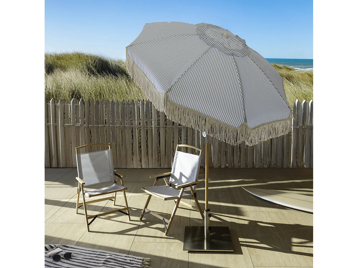 Now's Home - Chaise De Plage Bois De Hetre Naturel/polyester Bleu  55x65x90cm Playa