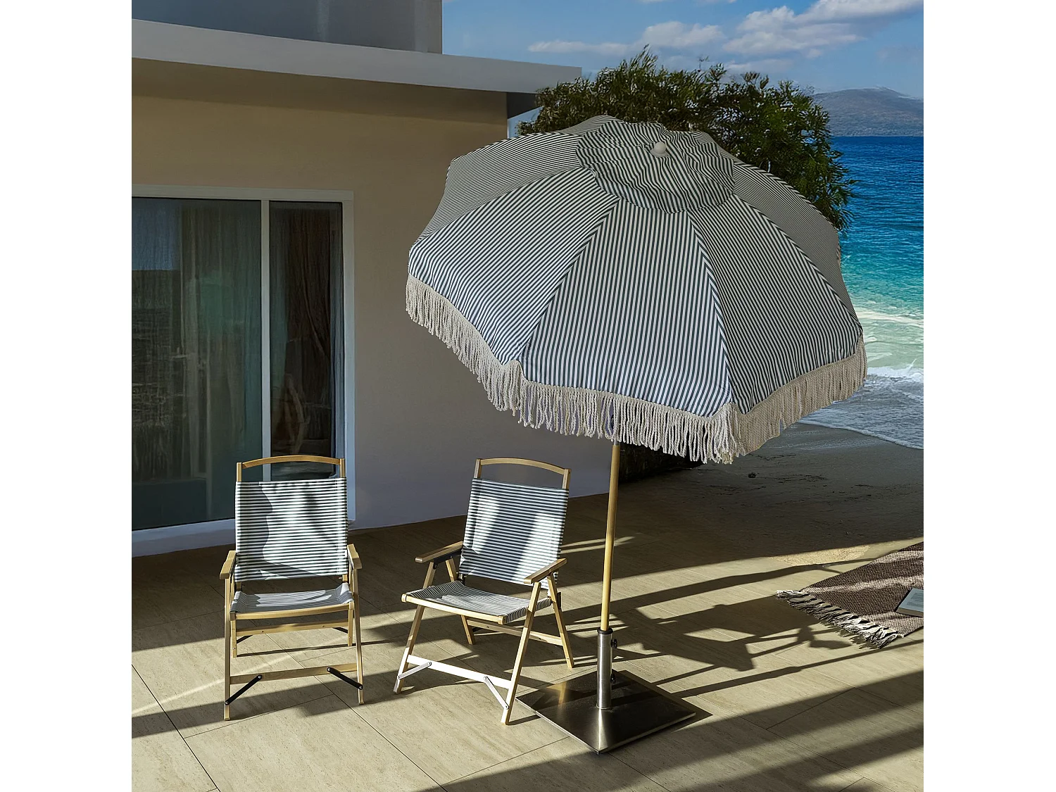Now's Home - Chaise De Plage Bois  De Hetre Naturel/polyester Vert  55x65x90cm Playa
