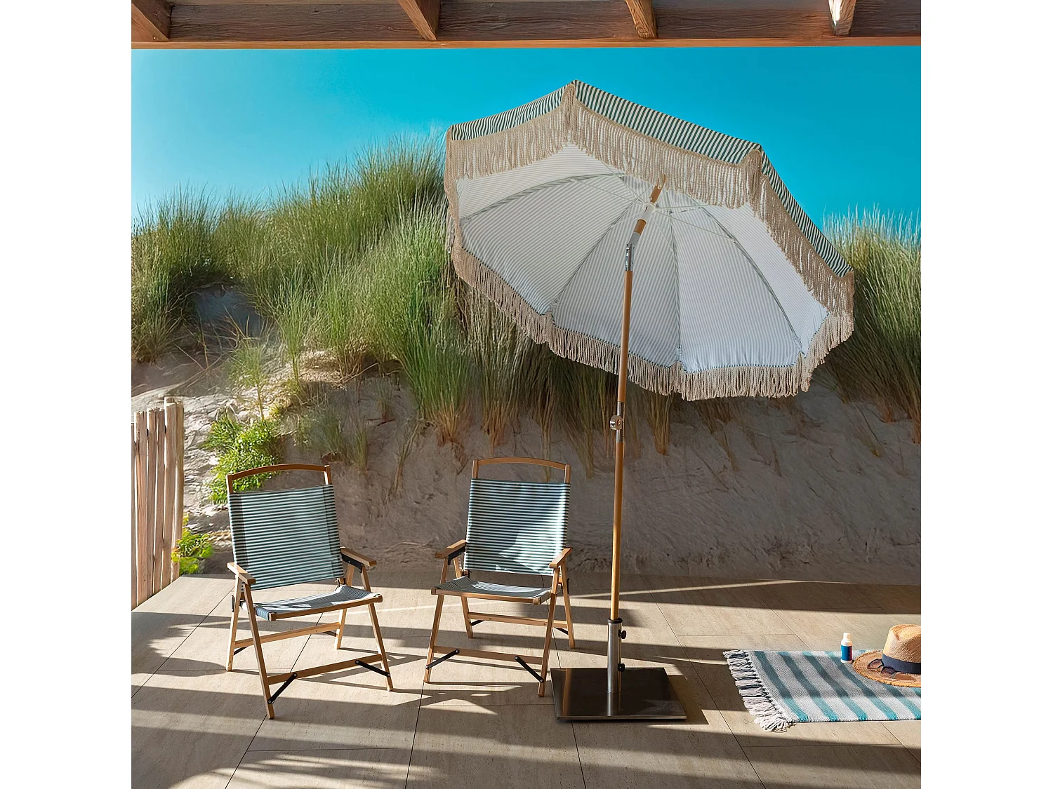 Now's Home - Chaise De Plage Bois  De Hetre Naturel/polyester Vert  55x65x90cm Playa