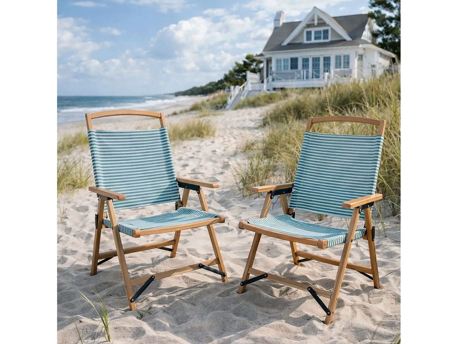 Now's Home - Chaise De Plage Bois  De Hetre Naturel/polyester Vert  55x65x90cm Playa