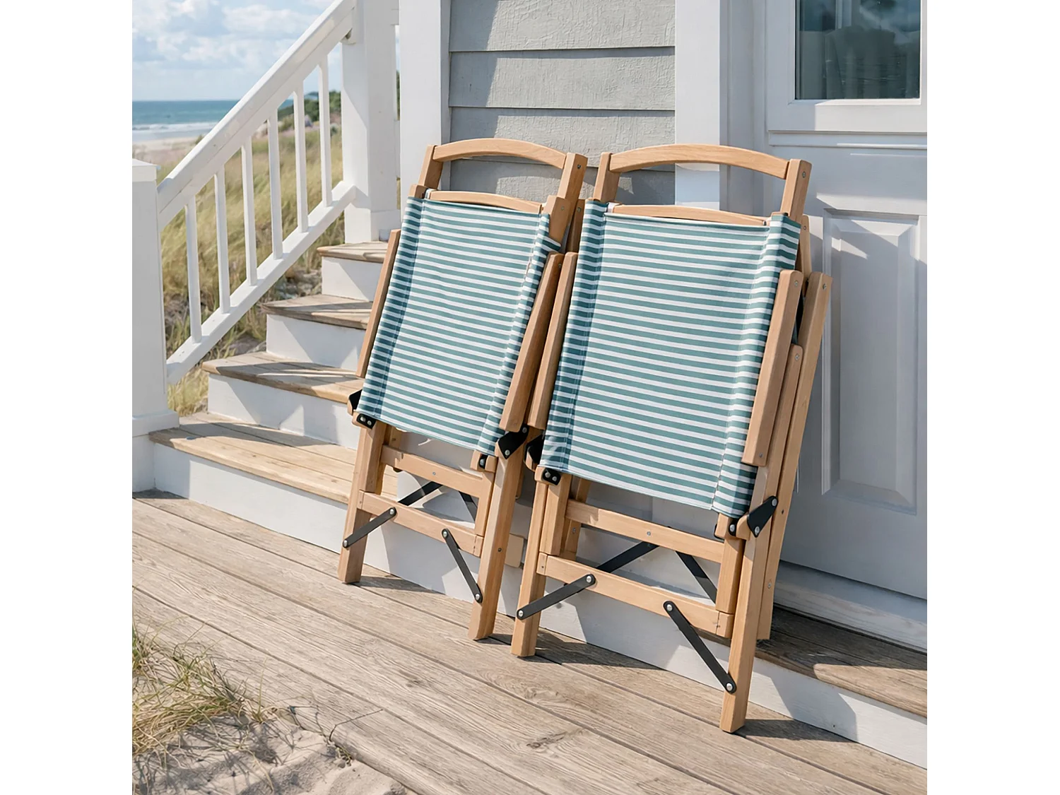 Now's Home - Chaise De Plage Bois  De Hetre Naturel/polyester Vert  55x65x90cm Playa