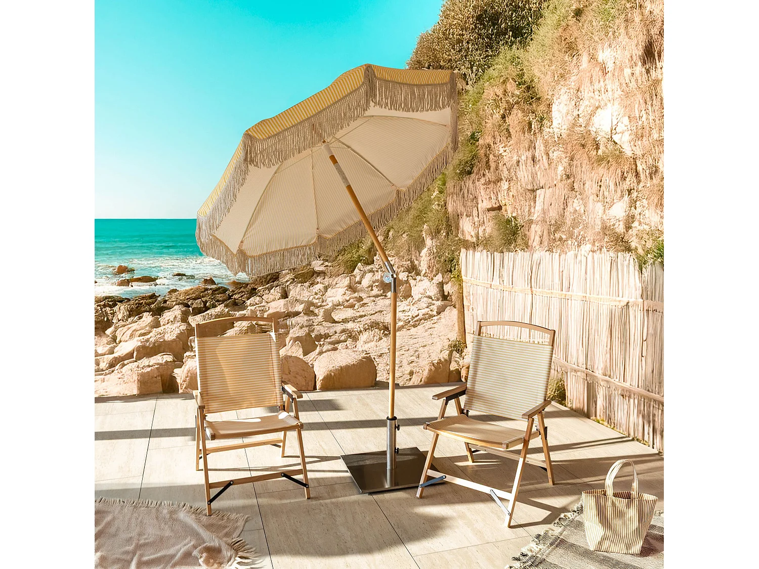Now's Home - Chaise De Plage Bois De Hetre Naturel/polyester Jaune 55x65x90cm Playa