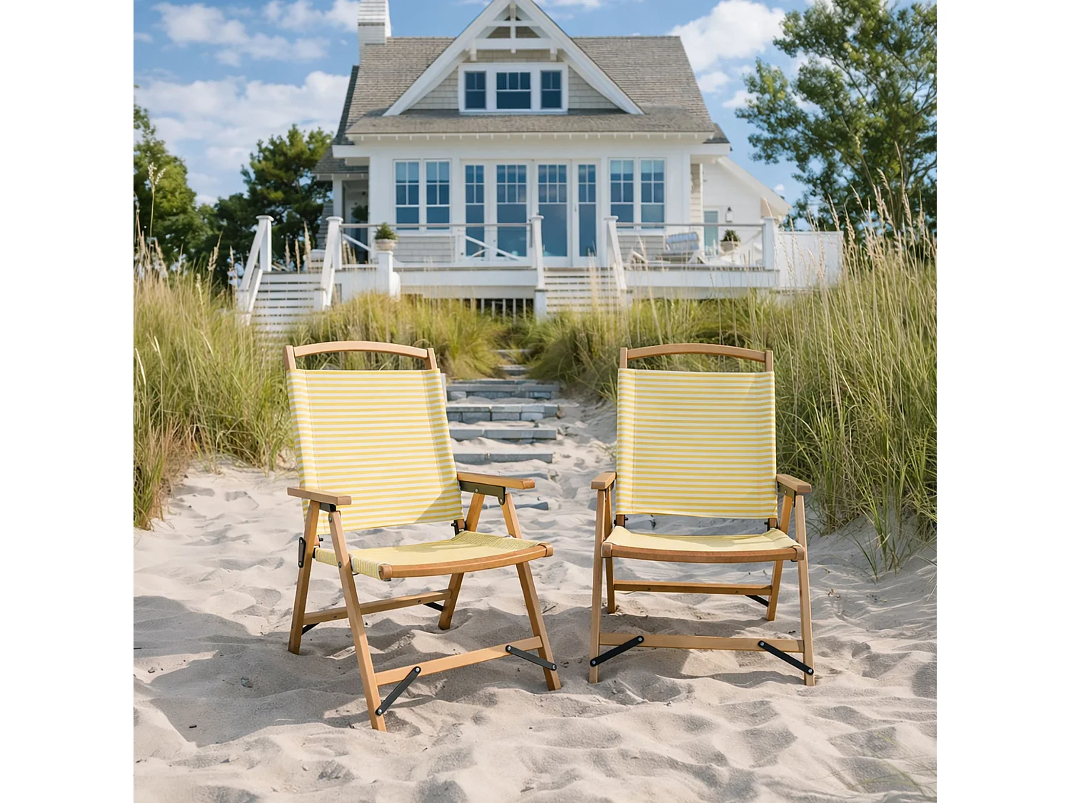 Now's Home - Chaise De Plage Bois De Hetre Naturel/polyester Jaune 55x65x90cm Playa