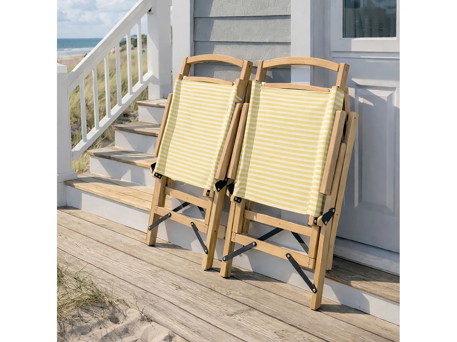 Now's Home - Chaise De Plage Bois De Hetre Naturel/polyester Jaune 55x65x90cm Playa