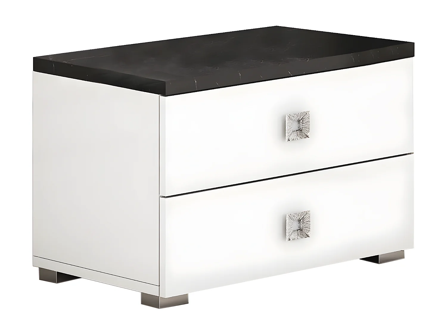 GAÏA - Chevet 2 Tiroirs Laquée Blanche Dessus Noir Aspect Marbre