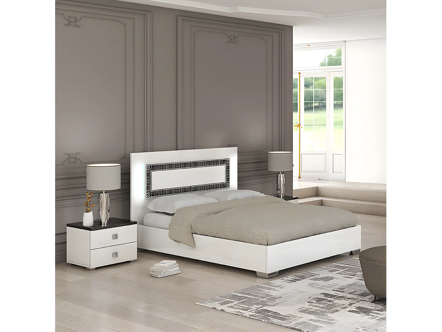 GAÏA - Chevet 2 Tiroirs Laquée Blanche Dessus Noir Aspect Marbre