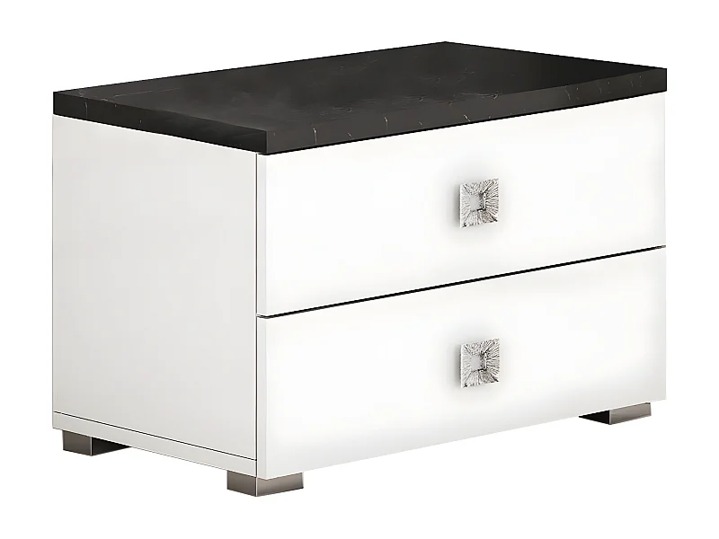 GAÏA - Chevet 2 Tiroirs Laquée Blanche Dessus Noir Aspect Marbre