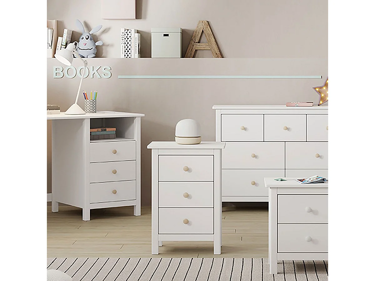 DAVA - Chevet  3 Tiroirs en Pin Massif Blanc