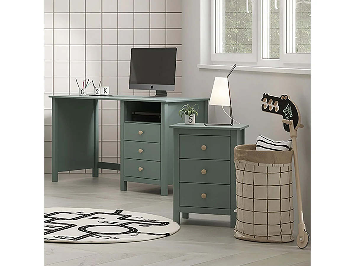 DAVA - Chevet  3 Tiroirs en Pin Massif Vert Pétrole