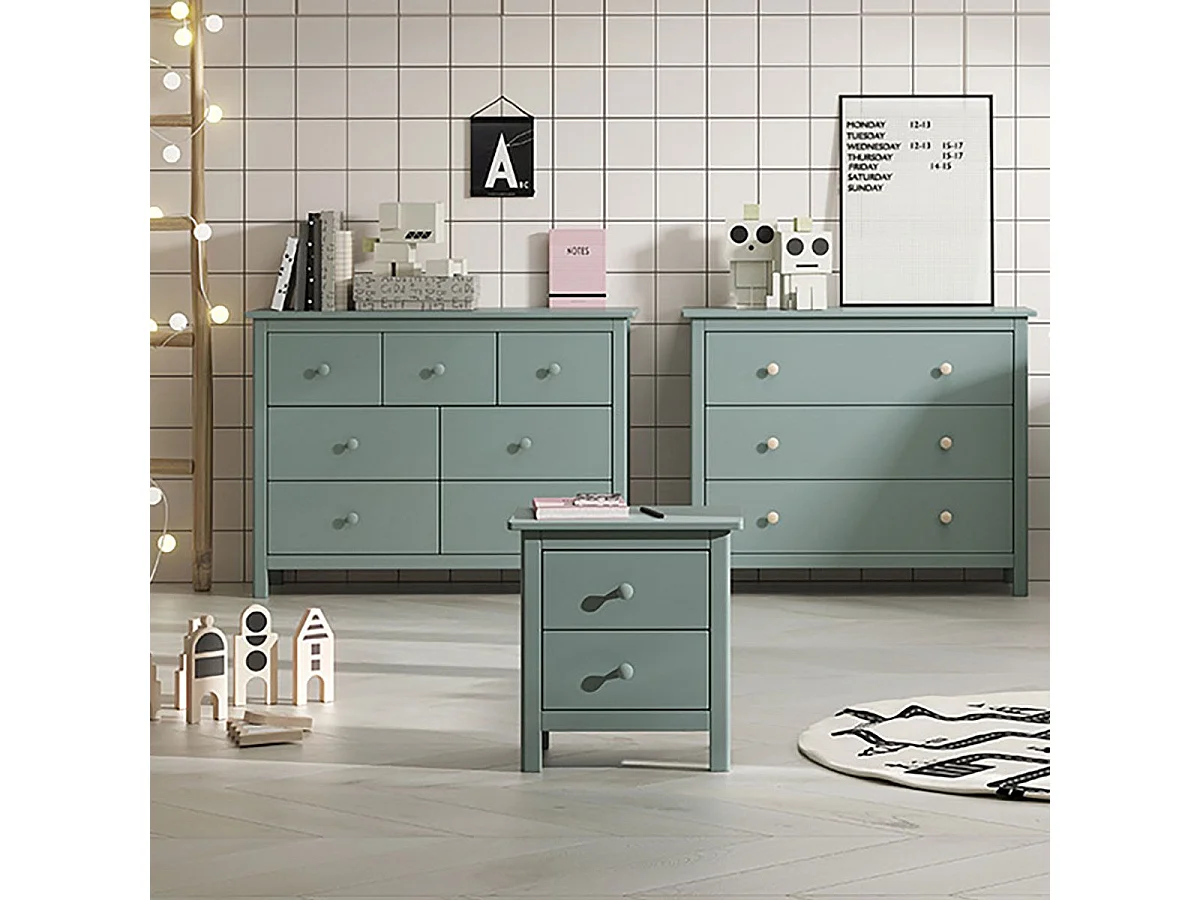 DAVA - Chevet  2 Tiroirs en Pin Massif Vert Pétrole