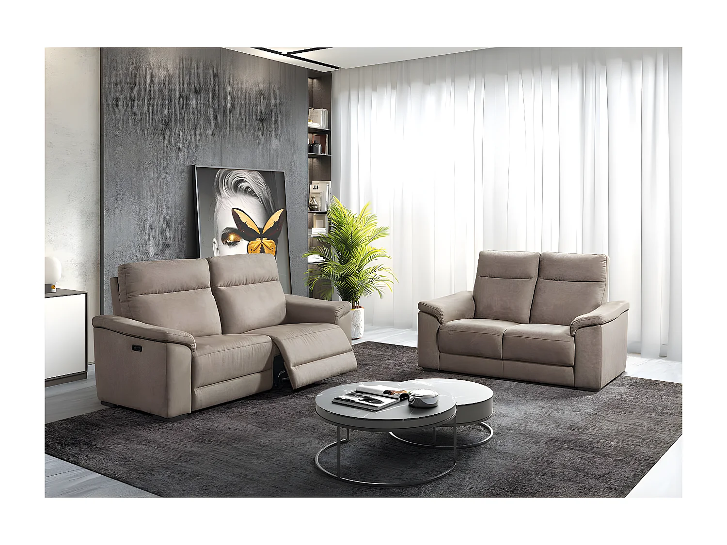 STANLEY - Canapé Fixe 2 Places Tissu Peau de Pêche Taupe