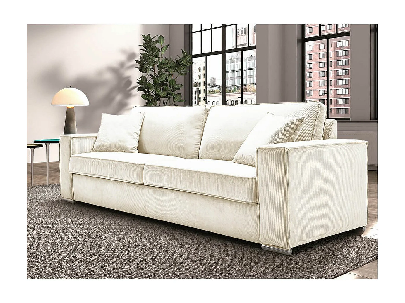 SORIAN - Canapé fixe 3 Places Velours Côtelé avec 2 Coussins Blanc