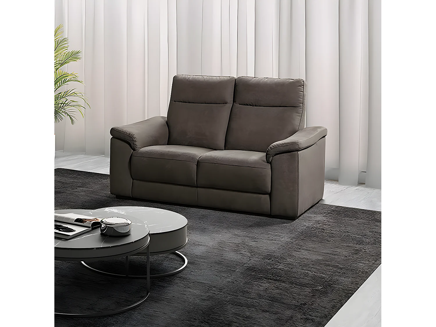 STANLEY - Canapé Fixe 2 Places Tissu Peau de Pêche Gris Foncé