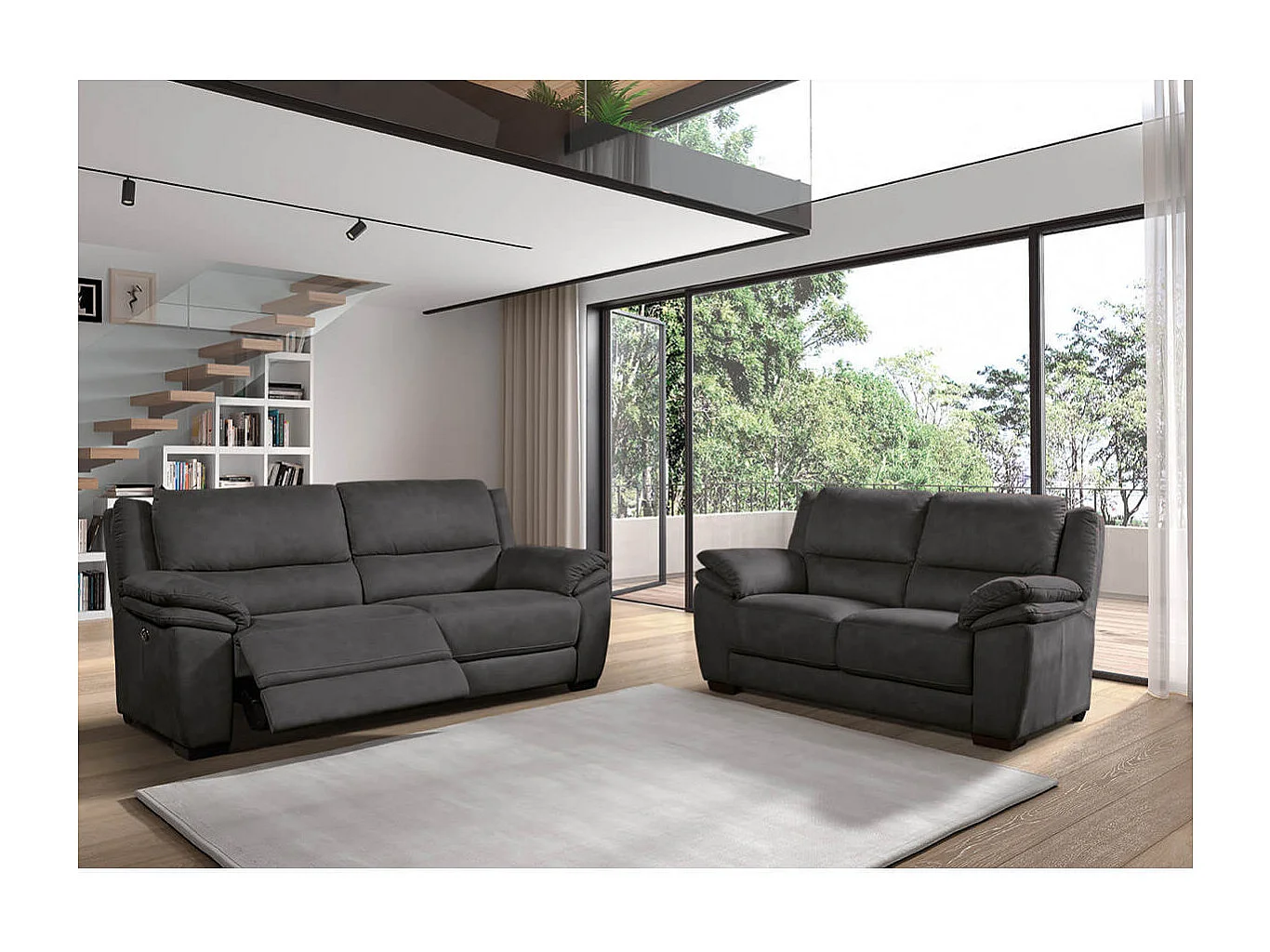 ASTIO - Canapé Fixe 2 Places Tissu Gris Foncé