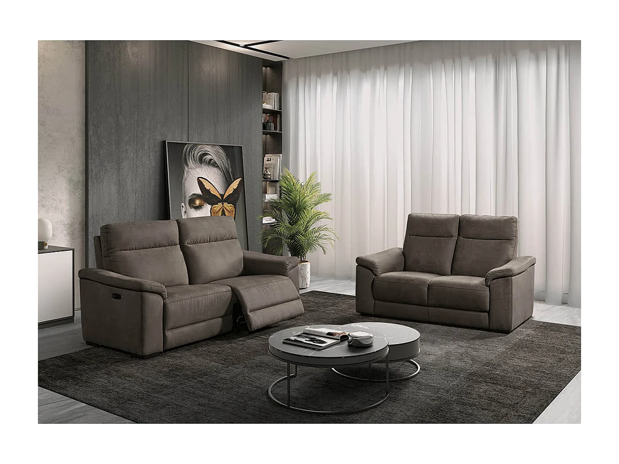 STANLEY - Canapé Relax Electrique 3 Places Tissu Peau de Pêche Gris Foncé