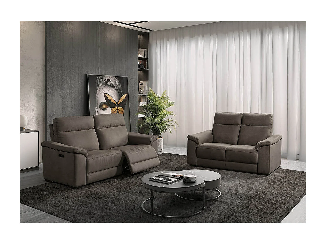 STANLEY - Canapé Relax Electrique 3 Places Tissu Peau de Pêche Gris Foncé