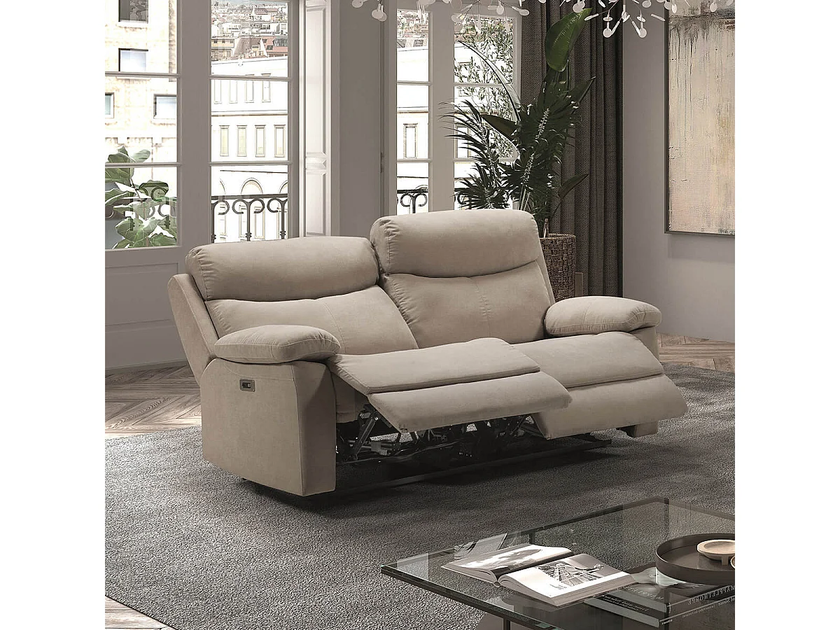 TARIFA - Canapé 3 Places Relax Electrique Beige Tissu Waterproof