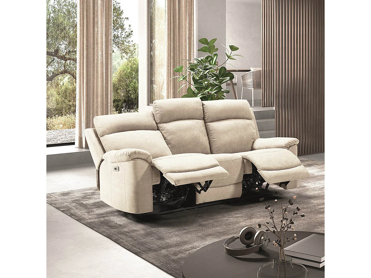 HUESCA - Canapé 3 Places Relax Electrique Tissu Ivoire