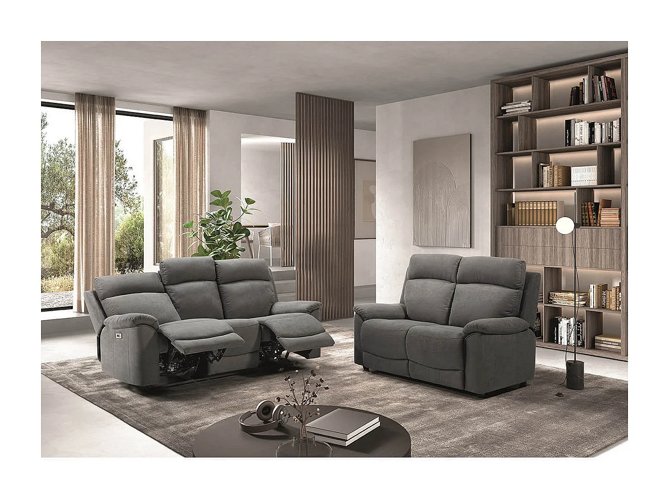 HUESCA - Canapé 3 Places Relax Electrique Tissu Gris